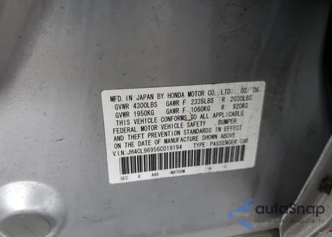 2006 Acura Tsx из США, поврежденный, VIN JH4CL96956C019194